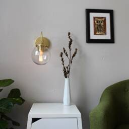 Sconce Lamp, Brass Gooseneck Wall Mounted Lighting Fixture, Clear Glass Bubble Globe, Mid Century Modern Light, Wire in Or Plug - thumbnail 2