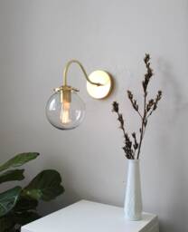 Sconce Lamp, Brass Gooseneck Wall Mounted Lighting Fixture, Clear Glass Bubble Globe, Mid Century Modern Light, Wire in Or Plug - thumbnail 1
