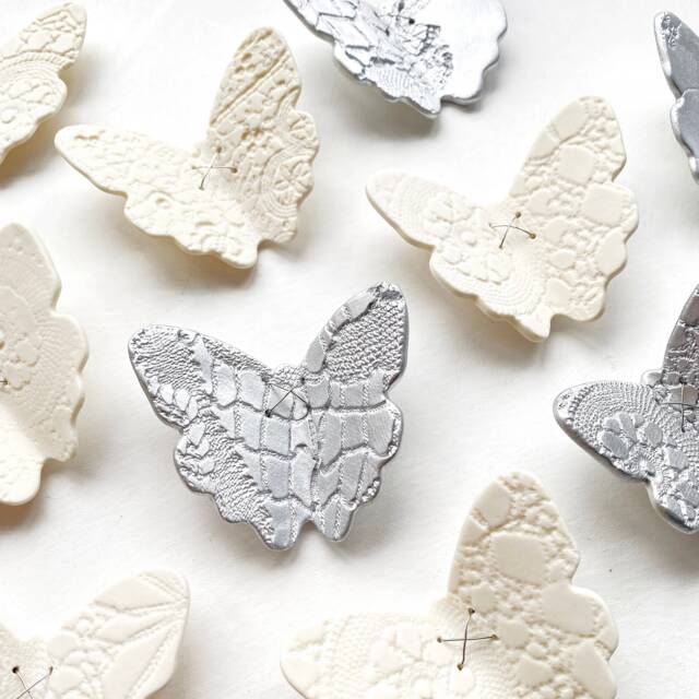Silver Lace Wings Wall Art - 15 Handmade Porcelain Ceramic Butterfly Sculptures - image 1
