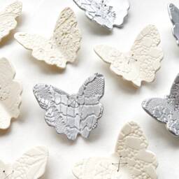 Silver Lace Wings Wall Art - 15 Handmade Porcelain Ceramic Butterfly Sculptures - thumbnail 1