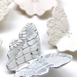 Silver Lace Wings Wall Art - 15 Handmade Porcelain Ceramic Butterfly Sculptures - thumbnail 2