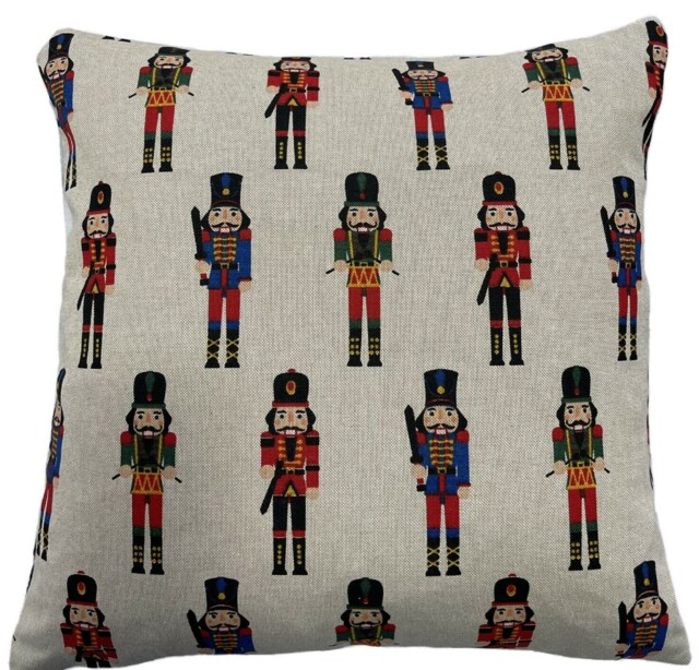 Nutcracker Soldiers Cushion Cover Festive London Design On Natural Grey Cotton Linen Fabric - image 1