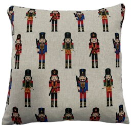 Nutcracker Soldiers Cushion Cover Festive London Design On Natural Grey Cotton Linen Fabric - thumbnail 1