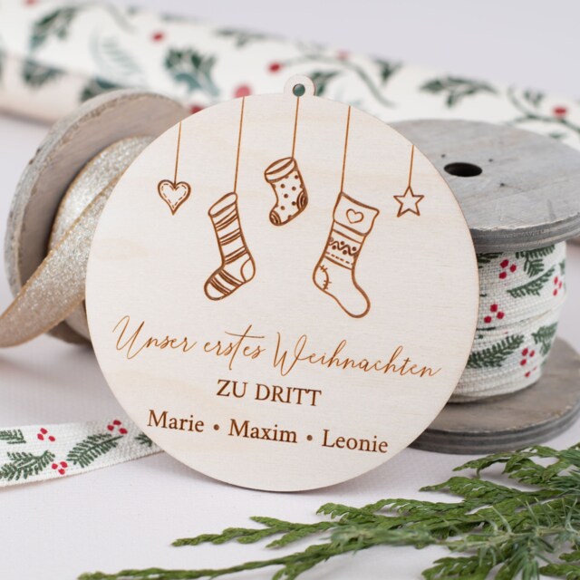 Personalized Wooden Pendants, Our First Christmas As A Family, Tree Pendants With Names, Family Bauble Made Of Wood - image 1