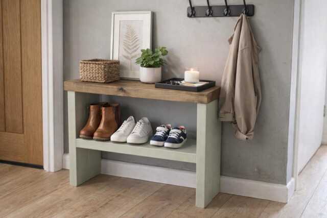 Rustic Wooden Shoe Rack Bench 33cm Deep - Entryway Storage With Shelf Hallway Unit Handmade Organiser UK - image 1