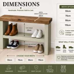 Rustic Wooden Shoe Rack Bench 33cm Deep - Entryway Storage With Shelf Hallway Unit Handmade Organiser UK - thumbnail 3