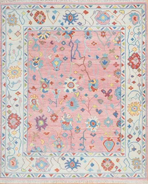 Handmade Pink Oushak Wool Rug, Floral Fine Woolcarpet, Nursery Decor Ar_3337 - image 1