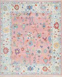Handmade Pink Oushak Wool Rug, Floral Fine Woolcarpet, Nursery Decor Ar_3337 - thumbnail 1