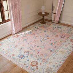 Handmade Pink Oushak Wool Rug, Floral Fine Woolcarpet, Nursery Decor Ar_3337 - thumbnail 3
