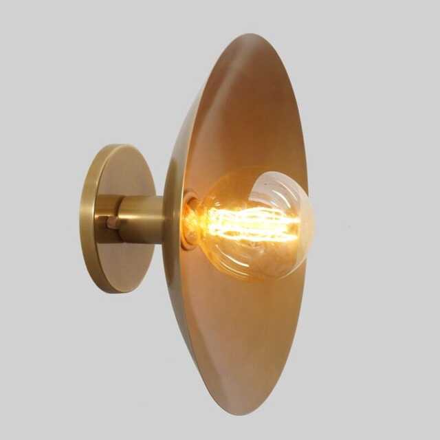 Mid Century Modern Brass Wall Sconce, Disk Shade Vanity Light - image 1