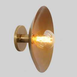 Mid Century Modern Brass Wall Sconce, Disk Shade Vanity Light - thumbnail 1