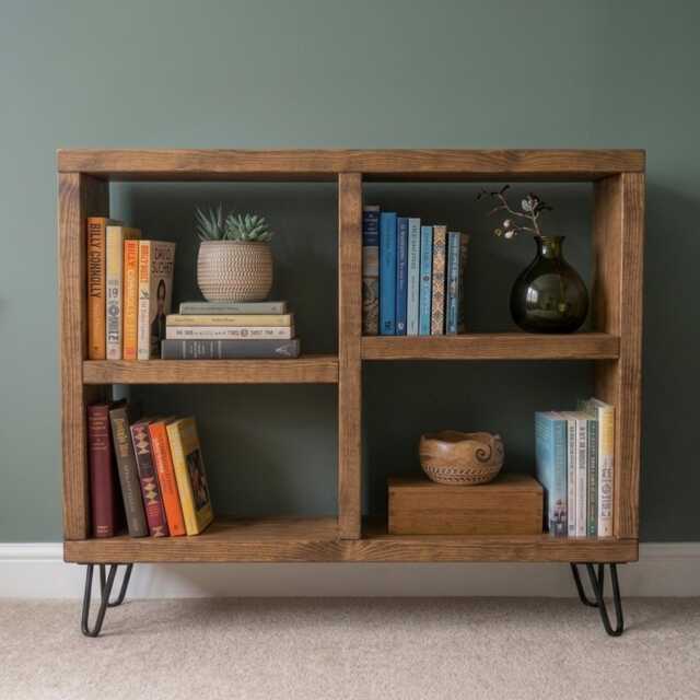 Rustic Wooden Bookcase Sideboard With Steel Hairpin Legs, Industrial Style - image 1