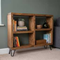 Rustic Wooden Bookcase Sideboard With Steel Hairpin Legs, Industrial Style - thumbnail 3
