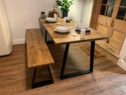 Rustic Dining Table & Bench Reclaimed Wood, Trapezium Legs - thumbnail 1