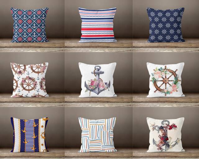 Nautical Cushion Cover-Sea Design Pillow Case-Anchor Cushion Cover-Beach House Case-Gift For Her Cushion-Handmade Material - image 1