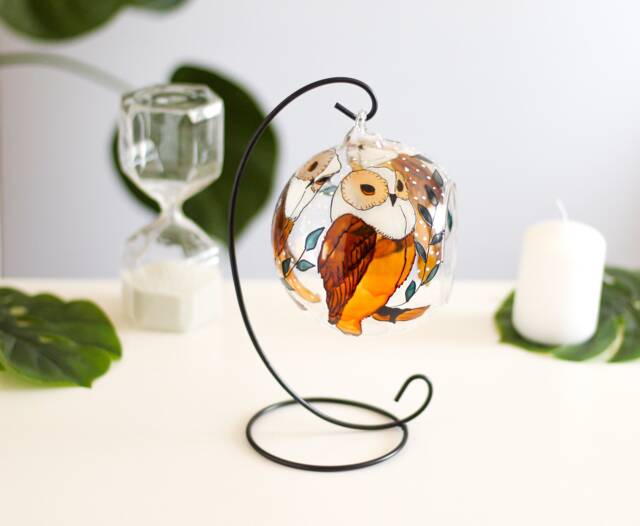 Brown Owl Hand Painted Glass Candle Holder, Unique Home Decor - image 1