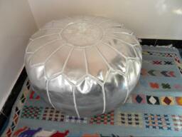 Silver Color Faux Leather Moroccan Pouf hand Stitched/Embroidered - thumbnail 1