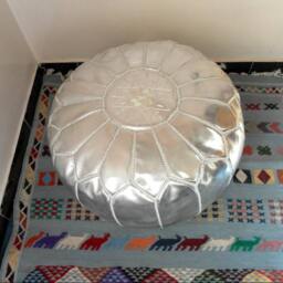 Silver Color Faux Leather Moroccan Pouf hand Stitched/Embroidered - thumbnail 2