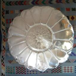 Silver Color Faux Leather Moroccan Pouf hand Stitched/Embroidered - thumbnail 4