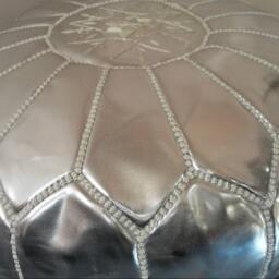 Silver Color Faux Leather Moroccan Pouf hand Stitched/Embroidered - thumbnail 3