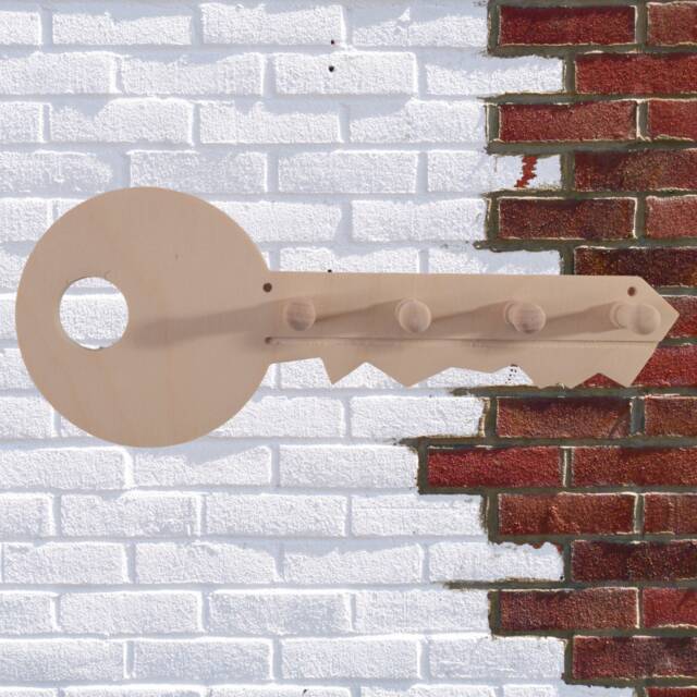 Wooden Key Hooks - Key-Shaped Plain Birch Entryway Holder 4 Pegs Wall Mounted Key's Rack Hanging Organiser Paintable Decorative Wood - image 1