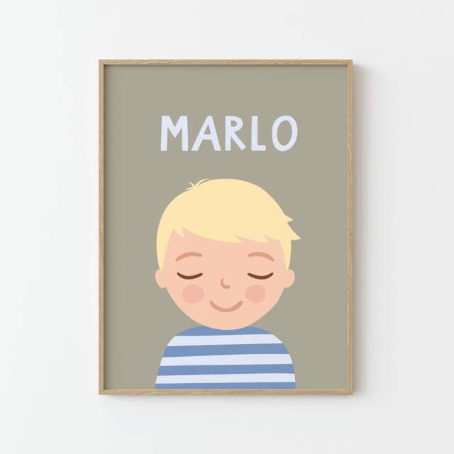 Personalized Portrait Boy With Blonde Hair - Sage/Light Green Blue Illustration Poster For Kids Wall Decor Children's Room - image 1