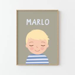 Personalized Portrait Boy With Blonde Hair - Sage/Light Green Blue Illustration Poster For Kids Wall Decor Children's Room - thumbnail 1