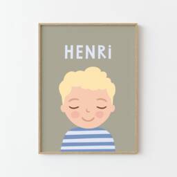 Personalized Portrait Boy With Blonde Hair - Sage/Light Green Blue Illustration Poster For Kids Wall Decor Children's Room - thumbnail 2