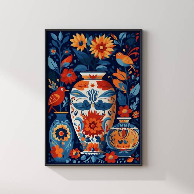 Mexican Talavera Pattern Wall Art - Mexico Print Decor Set Of Floral Vases Edition - image 1