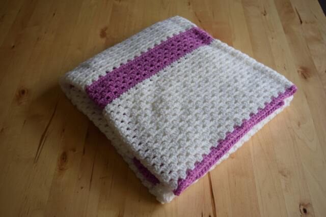 Hand Crocheted Baby Blanket Pink & White Granny Stripe, Soft Acrylic Blend - image 1