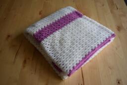 Hand Crocheted Baby Blanket Pink & White Granny Stripe, Soft Acrylic Blend - thumbnail 1