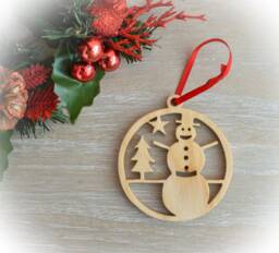 Snowman Christmas Tree Ornament - Scroll Saw Cut Wooden Decoration Handmade With Red Hanging Ribbon - thumbnail 1
