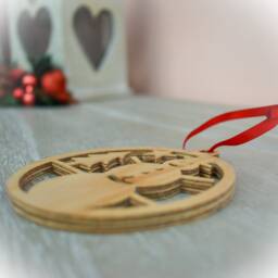 Snowman Christmas Tree Ornament - Scroll Saw Cut Wooden Decoration Handmade With Red Hanging Ribbon - thumbnail 2