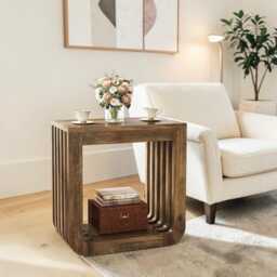 Farmhouse Narrow End Table Slatted Mdf 2-Tier Sofa Side Table - thumbnail 2