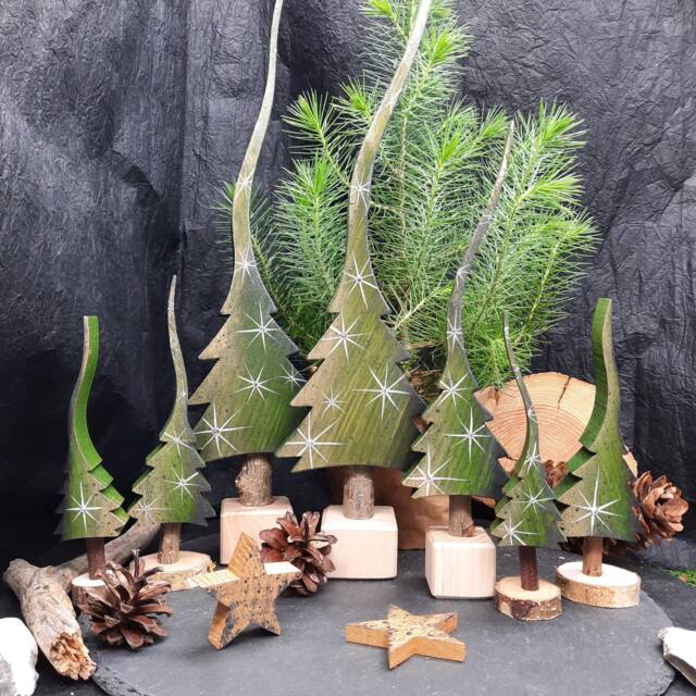 Pine Scent, Bottle-Green Christmas Tree, Little Stars, A Glittering Fir Hand-Painted Wooden Tree in 4 Sizes - image 1