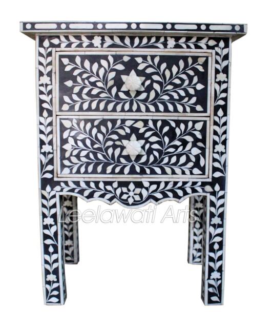 Handmade Inlay Bedside Table Black & White Floral Design - image 1