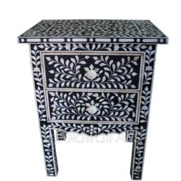 Handmade Inlay Bedside Table Black & White Floral Design - thumbnail 3
