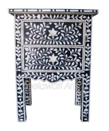 Handmade Inlay Bedside Table Black & White Floral Design