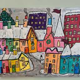 Christmas in The City - Glitter Snow Original Mixed Media Artwork Extra Large 24x30Inch Canvas By Emy Spinks - thumbnail 2