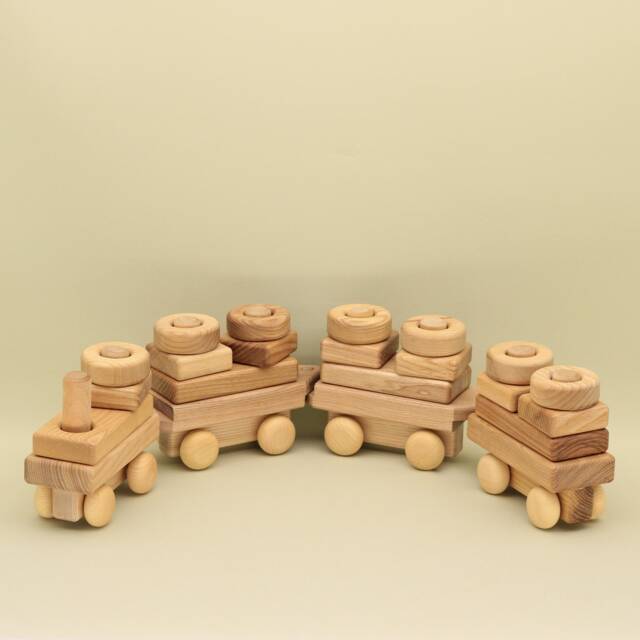 Handmade Wooden Stacking Train 30 Ash Wood Blocks, 4 Wagons - image 1