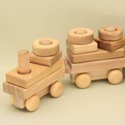 Handmade Wooden Stacking Train 30 Ash Wood Blocks, 4 Wagons - thumbnail 3