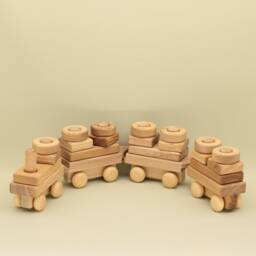 Handmade Wooden Stacking Train 30 Ash Wood Blocks, 4 Wagons - thumbnail 1