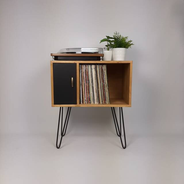 Oak Record Cabinet - Black Door Media Unit, Brass Hairpin Legs - image 1