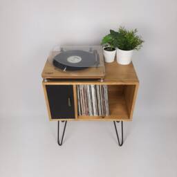 Oak Record Cabinet - Black Door Media Unit, Brass Hairpin Legs - thumbnail 2