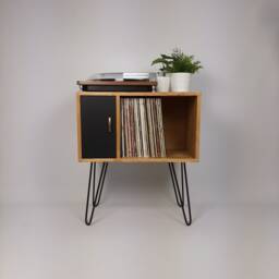 Oak Record Cabinet - Black Door Media Unit, Brass Hairpin Legs - thumbnail 1