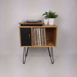 Oak Record Cabinet - Black Door Media Unit, Brass Hairpin Legs - thumbnail 3