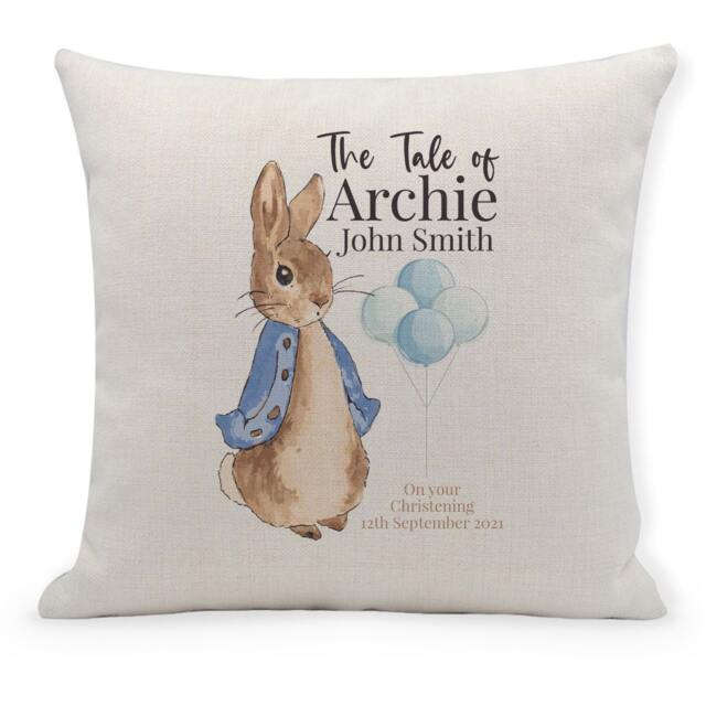 Personalised Peter Rabbit Christening Cushion Cover, Nursery Keepsake, Baby Gift - image 1