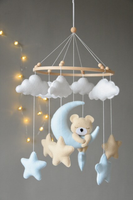 Baby Mobile With Sleeping/Hanging Bear, Clouds & Stars Mobile, Bear Nursery Bear Felt Hanging Animals - image 1