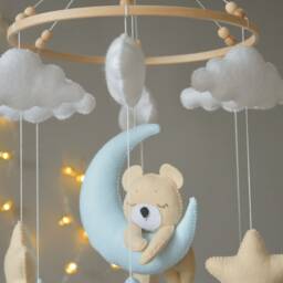 Baby Mobile With Sleeping/Hanging Bear, Clouds & Stars Mobile, Bear Nursery Bear Felt Hanging Animals - thumbnail 3