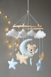 Baby Mobile With Sleeping/Hanging Bear, Clouds & Stars Mobile, Bear Nursery Bear Felt Hanging Animals - thumbnail 1
